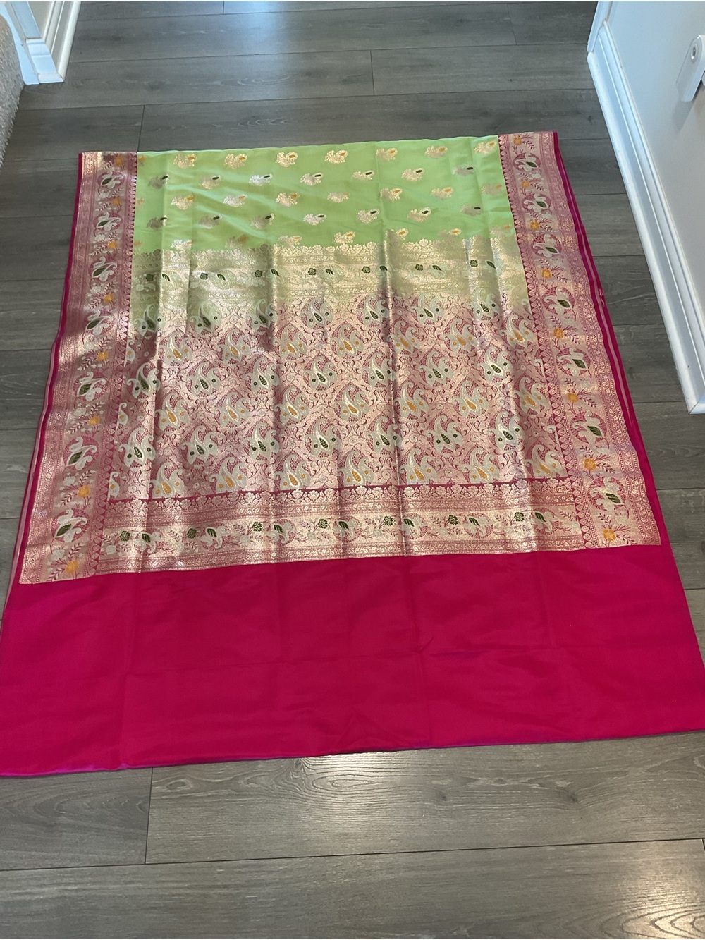 Vibrant Lime Green and Deep Pink Silk Saree with Gold Zari